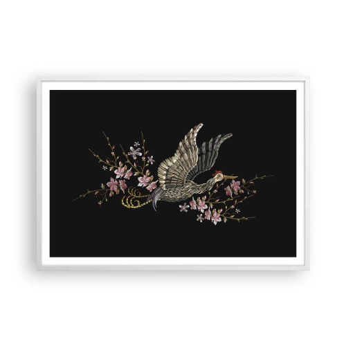 Plakat i hvid ramme - Eksotisk broderet fugl - 100x70 cm