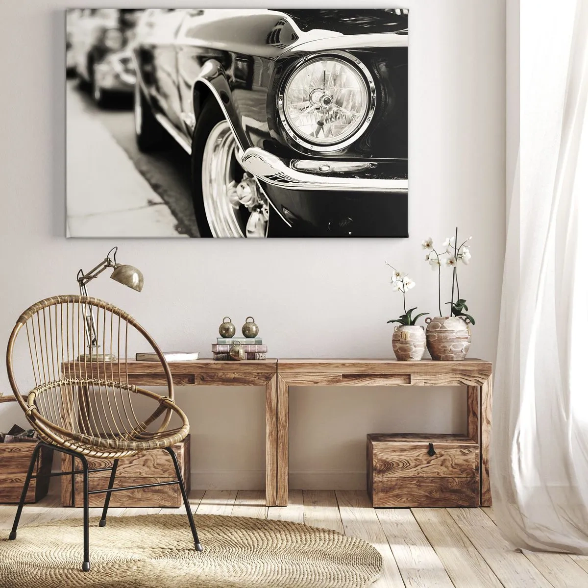 Lærredstryk - Billede på lærred - En ikonisk klassisk bil i elegant sort og hvid - 70x50cm - Vedvarende glans - Moderne vægdekoration til stue og soveværelse ARTTOR