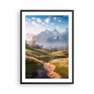 Plakat i sort ramme - En bjergsti, der fører gennem en grøn dal ved solopgang - 50x70cm - Idyllisk dal - Moderne vægdekoration til stue og soveværelse ARTTOR