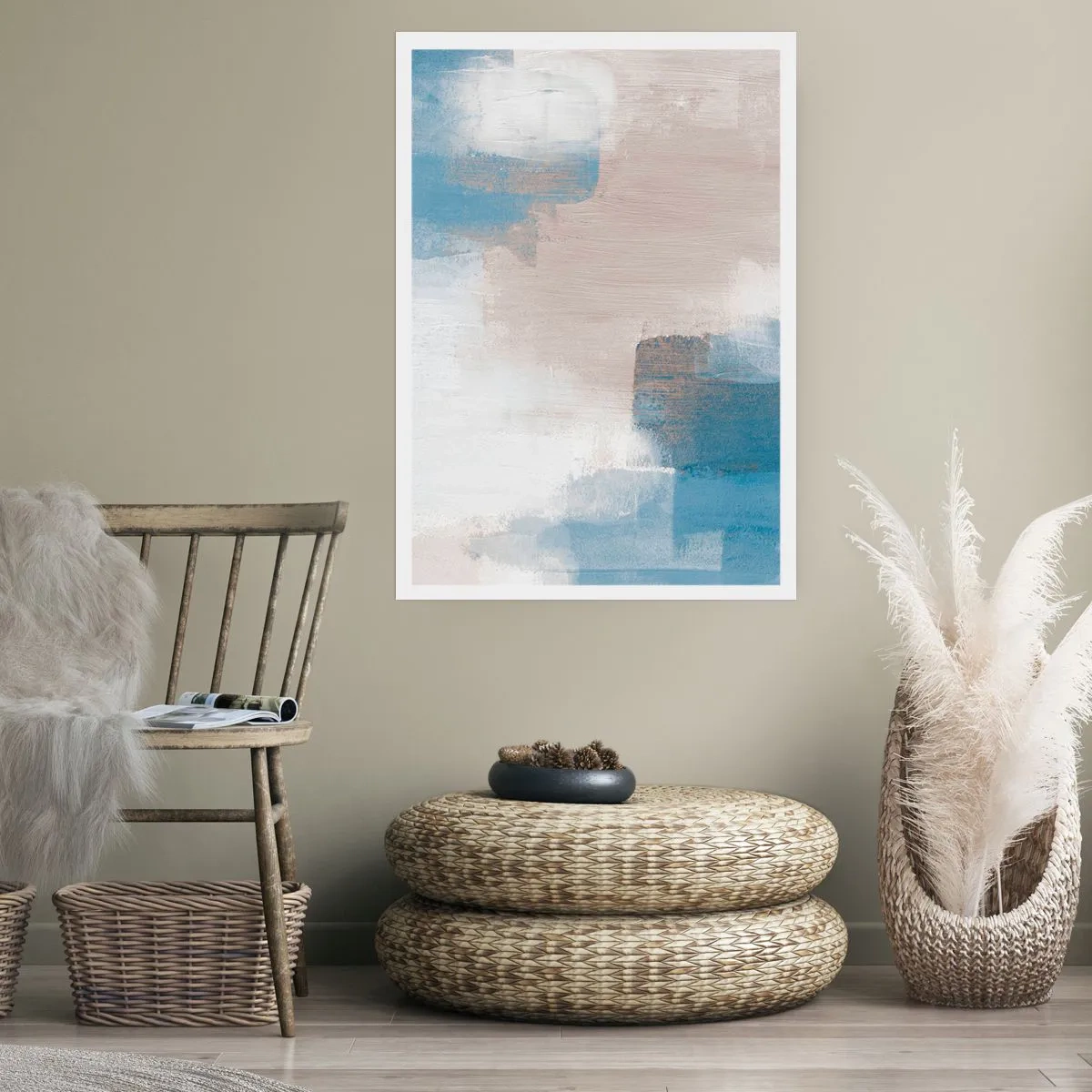 Plakat - Lyserød abstraktion bag et slør af blåt - 50x70 cm