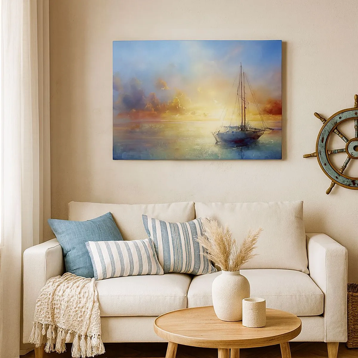 Lærredstryk - Billede på lærred - En yacht på et roligt hav ved solnedgang - 70x50cm - I en gylden bugt - Moderne vægdekoration til stue og soveværelse ARTTOR