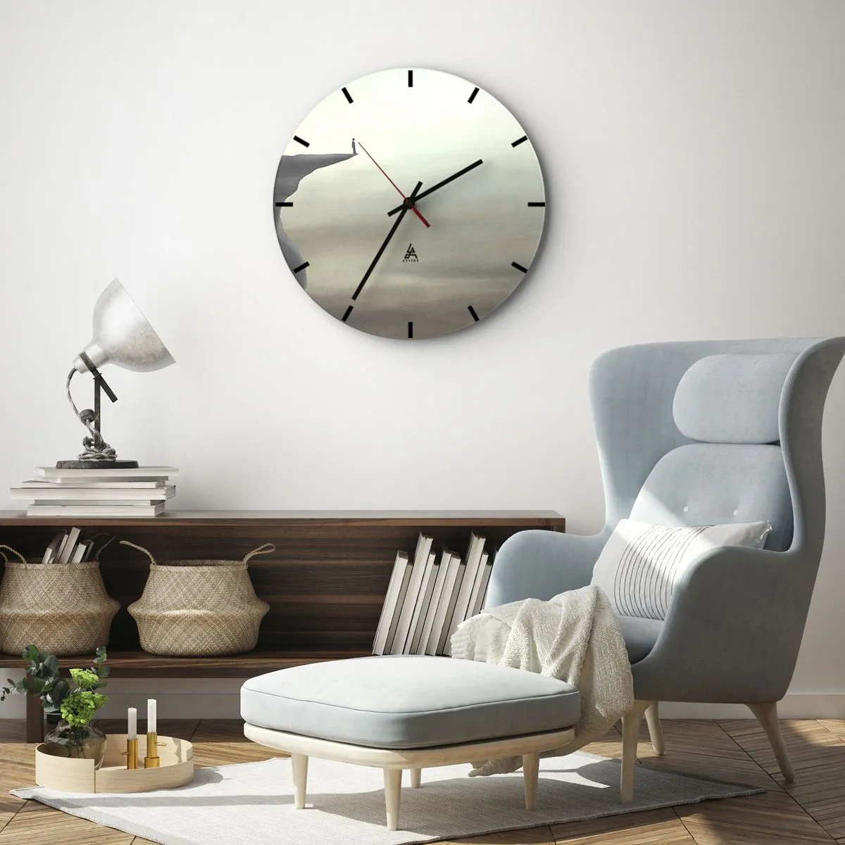 Vægur, Uret - En figur stående på kanten af en klippe i et minimalistisk landskab - 30x30cm - Opad, selvfølgelig! - Moderne vægdekoration til stue, køkken og soveværelse ARTTOR