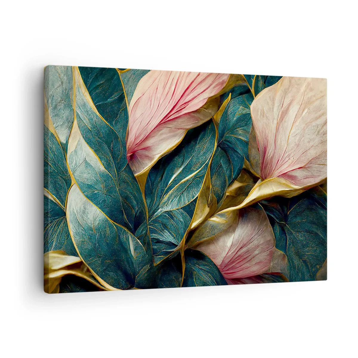 Lærredstryk - Billede på lærred - Elegante blade i grønt, guld og pink - 70x50cm - Naturlig elegance og stil - Moderne vægdekoration til stue og soveværelse ARTTOR