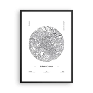 Plakat i sort ramme - Et minimalistisk sort-hvidt kort over Birmingham - 50x70cm - Birminghams anatomi - Moderne vægdekoration til stue og soveværelse ARTTOR
