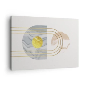 Lærredstryk - Billede på lærred - Abstrakt komposition med cirkler og gyldne linjer på en lys baggrund. - 70x50cm - Lysstyrke og udstråling - Moderne vægdekoration til stue og soveværelse ARTTOR