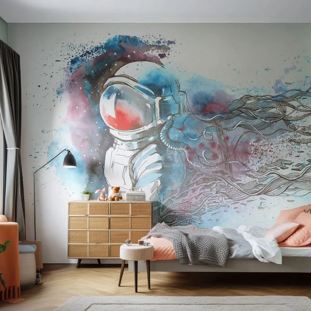 Fototapet Premium Sand - Alene med kosmos - Astronaut, Kosmonaut, Abstraktion - 250x175 cm