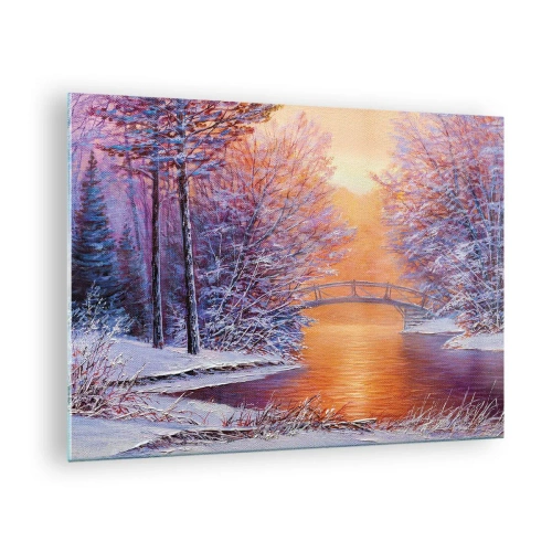 Billede på glas - Vinterlandskab med en bro og snedækkede træer ved solnedgang - 70x50cm - Lad os mødes her - Moderne vægdekoration til stue og soveværelse ARTTOR