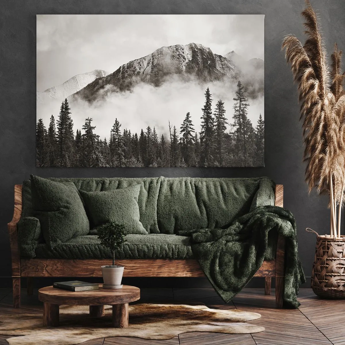 Lærredstryk - Billede på lærred - En malerisk bjergtop omgivet af tåge og en sepia-tonet skov - 70x50cm - Granit hersker - Moderne vægdekoration til stue og soveværelse ARTTOR