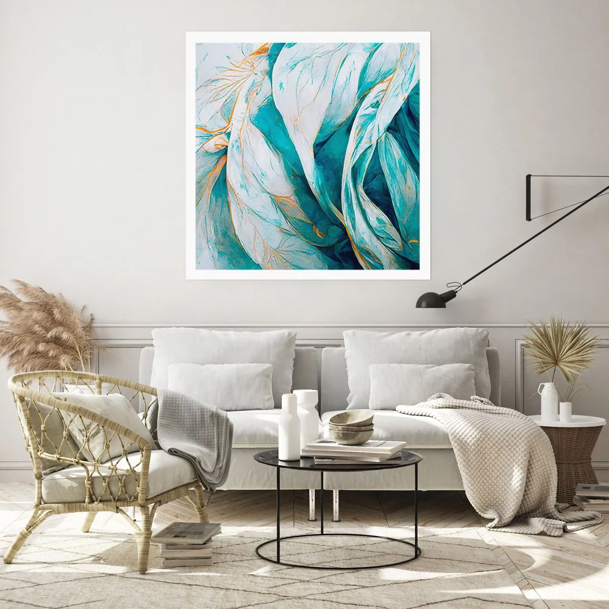 Plakat - Blå abstraktion med et guldmotiv - 50x50 cm