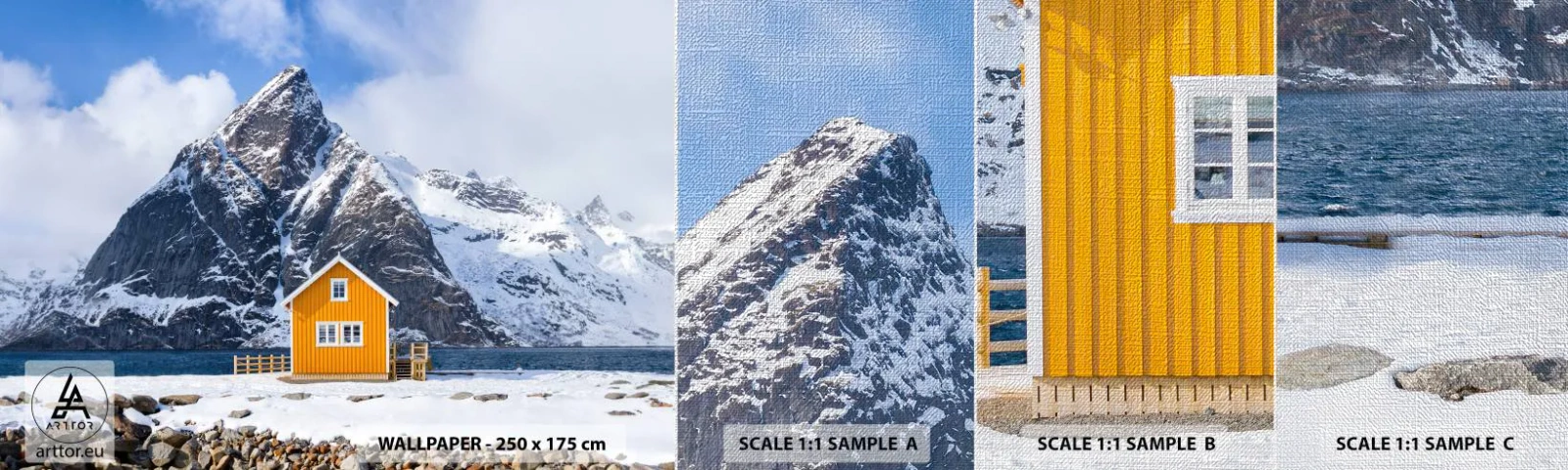 Prøve Fototapet Premium Canvas - Skandinavisk ferie - Vinter, Alperne, Bjerge - 100x30 cm