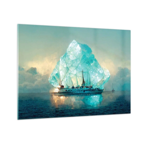 Billede på glas - Et sejlskib foran en enorm gletsjer i det arktiske lys. - 70x50cm - Arktisk diamant - Moderne vægdekoration til stue og soveværelse ARTTOR