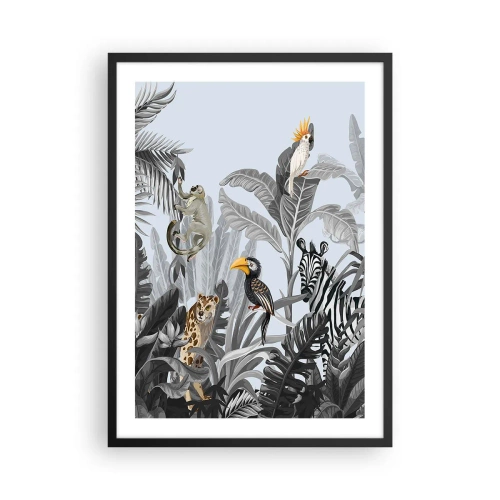 Plakat i sort ramme - Farverige tropiske dyr blandt junglebladene - 50x70cm - En afrikansk fabel - Moderne vægdekoration til stue og soveværelse ARTTOR