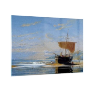 Billede på glas - Et skib med sejl ved kysten i malerisk stil - 70x50cm - Vand, jord, luft - Moderne vægdekoration til stue og soveværelse ARTTOR