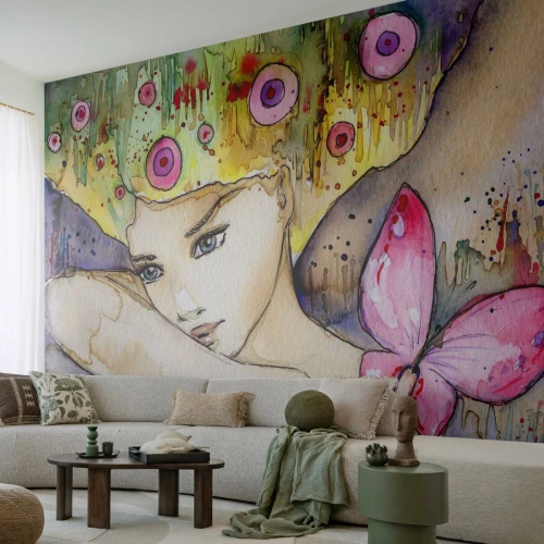 Fototapet Selvklæbende Deluxe Sticker - Sommerfugleprinsesse - Abstraktion, Kvinde, Akvareller - 200x140 cm