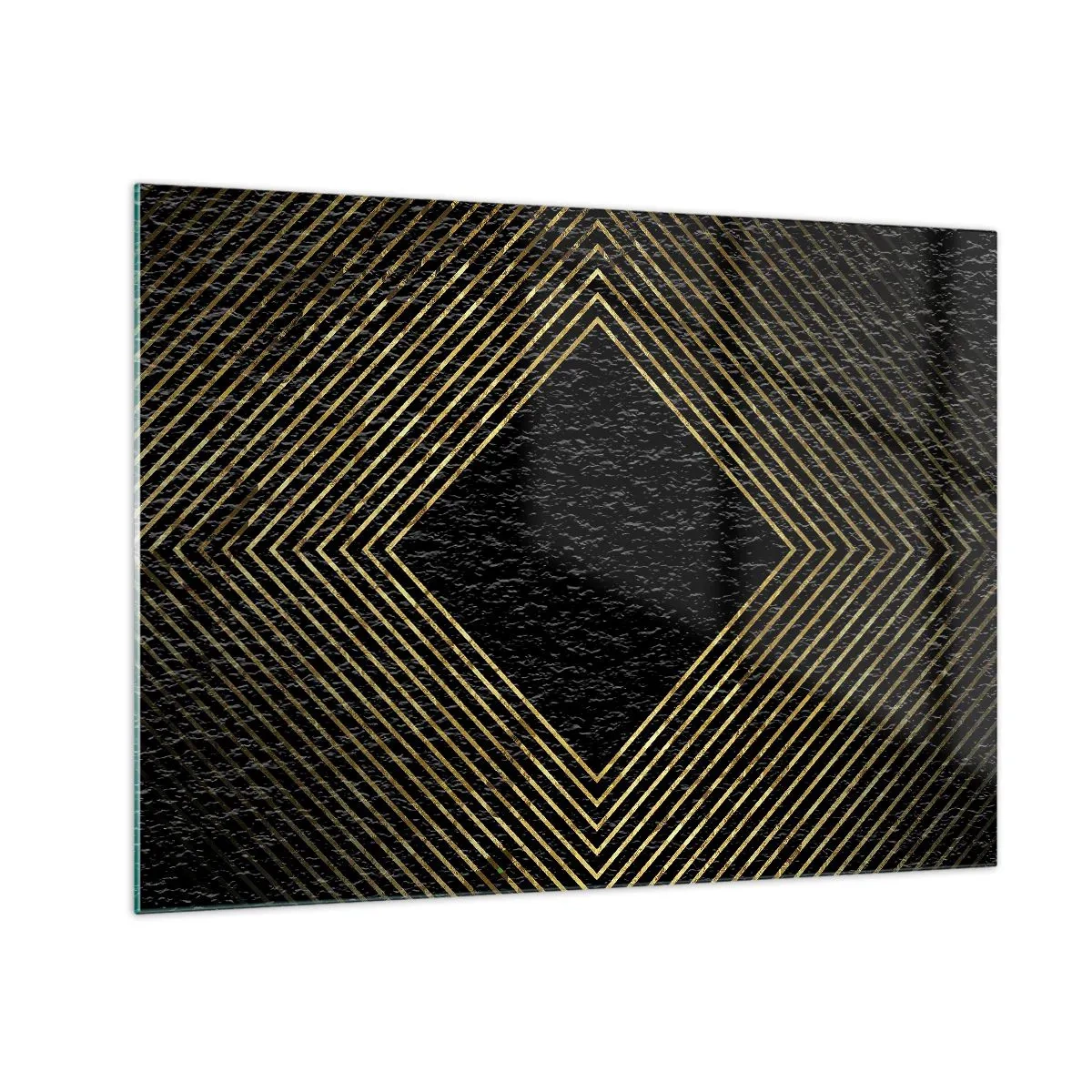 Billede på glas - Gulddiamant med geometriske linjer på sort baggrund - 70x50cm - Geometri i glamour-stil - Moderne vægdekoration til stue og soveværelse ARTTOR