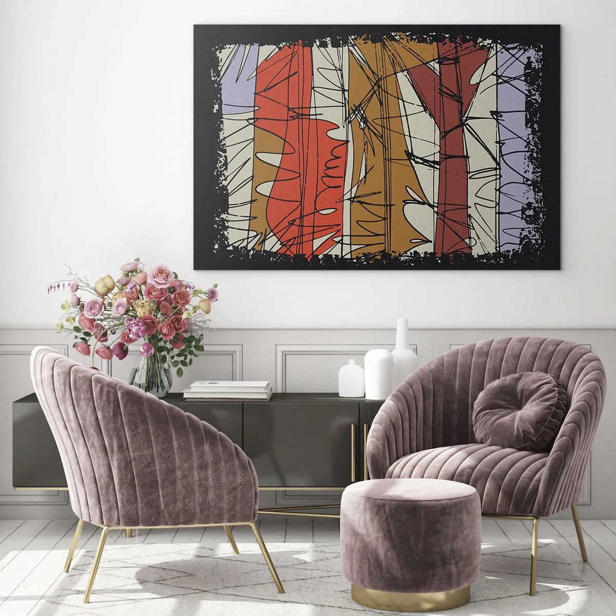 Billede på glas - Grafisk abstraktion med farvede striber og sorte linjer - 70x50cm - Spontan komposition - Moderne vægdekoration til stue og soveværelse ARTTOR