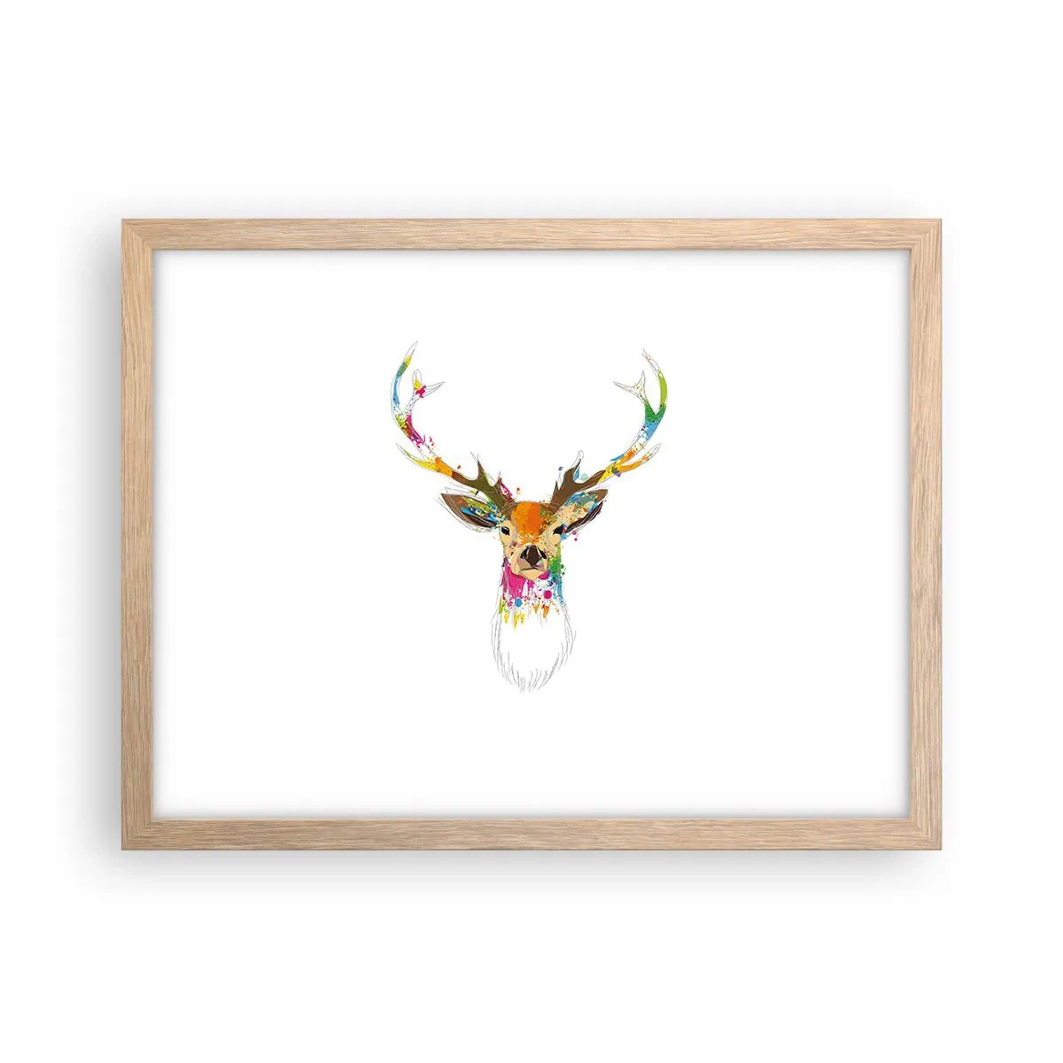 Plakat i ramme af lyst egetræ - Blid kronhjort badet i farver - 40x30 cm