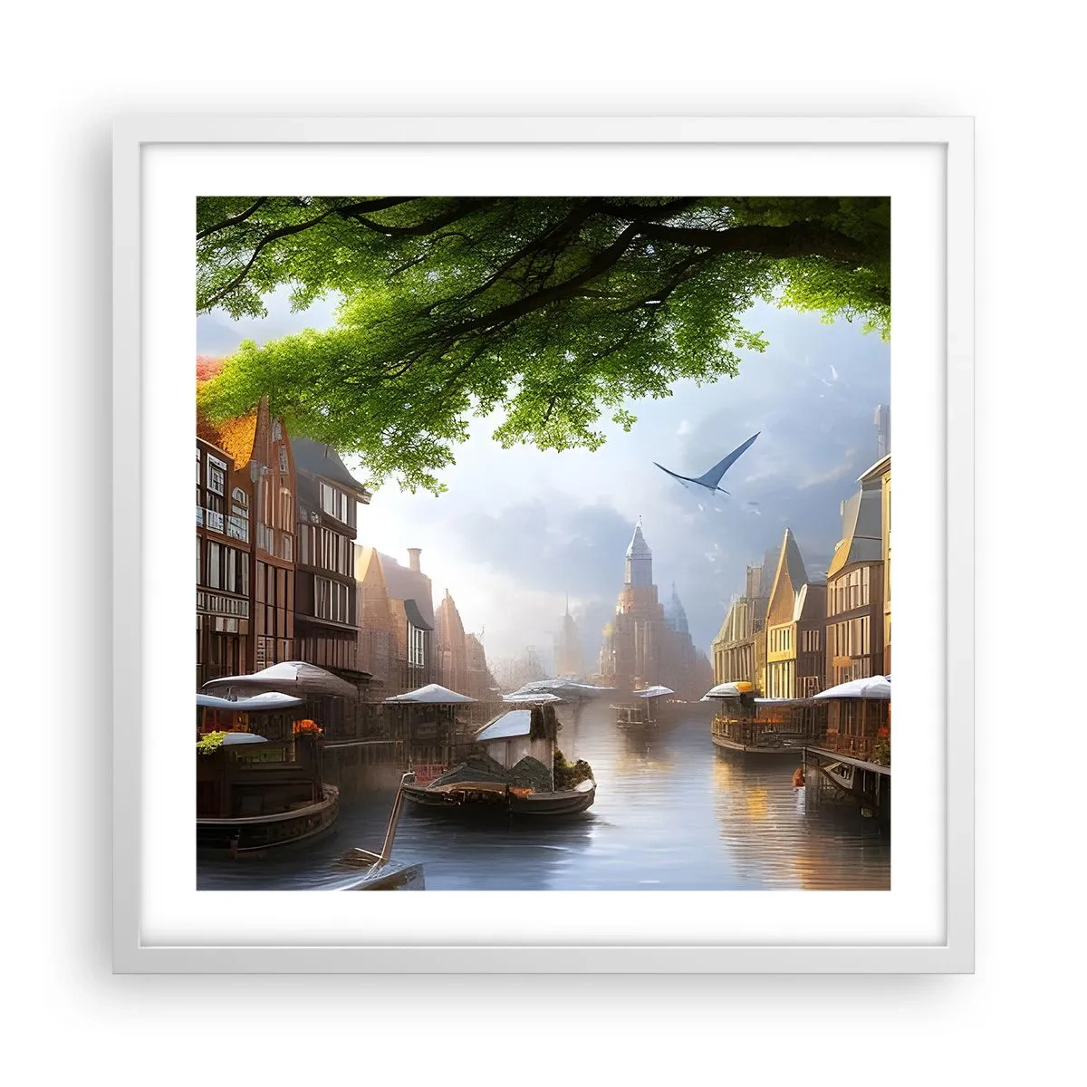 Plakat i hvid ramme - Hollandsk bybillede - 50x50 cm
