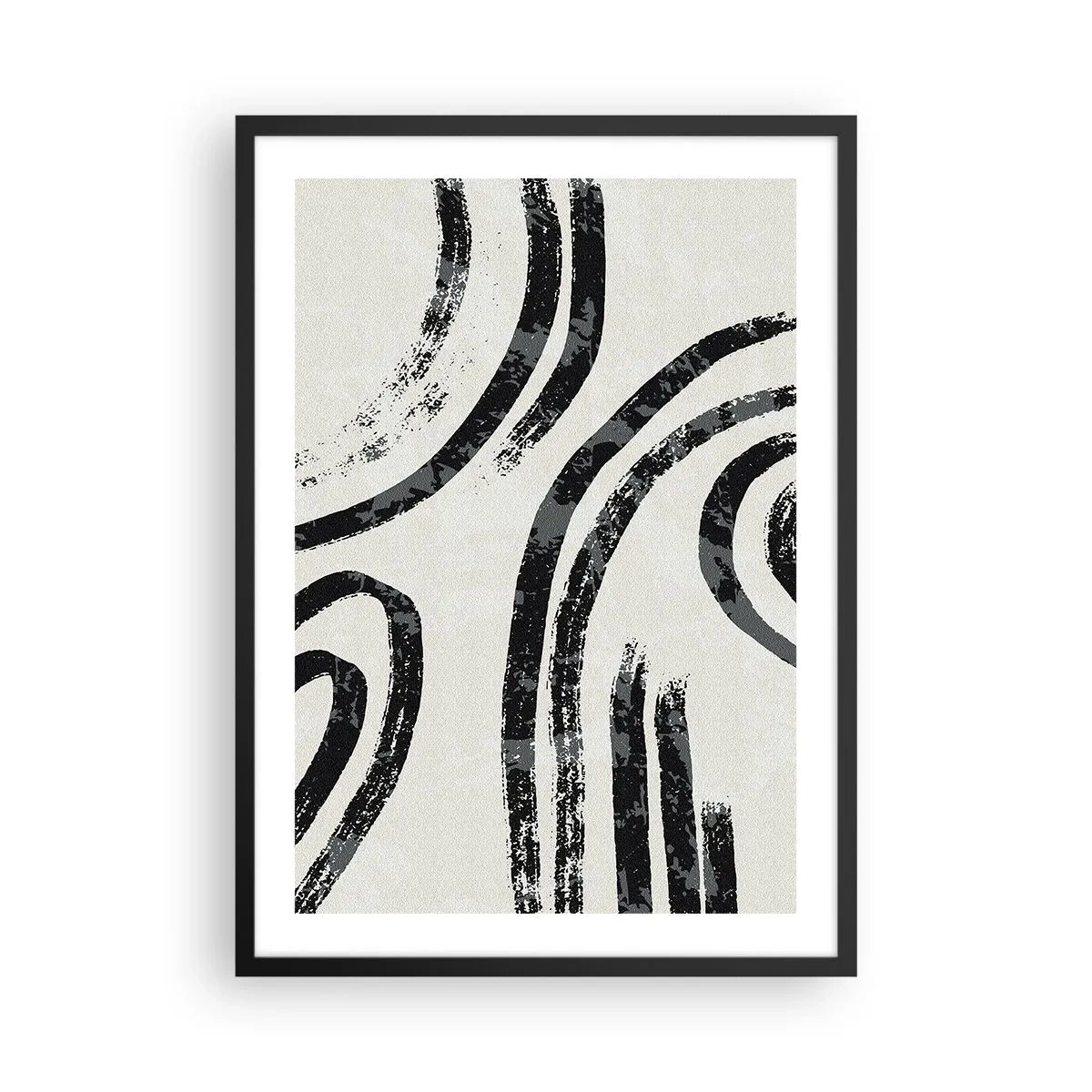 Plakat i sort ramme - Abstrakte sorte linjer på en lys baggrund - 50x70cm - Halvt stoppet - Moderne vægdekoration til stue og soveværelse ARTTOR