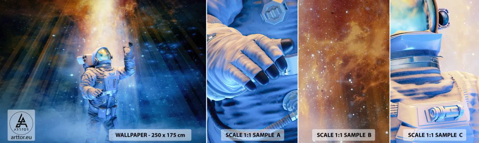 Prøve Fototapet Selvklæbende Deluxe Sticker - Endelig på destinationen - Abstraktion, Astronaut, Kosmos - 100x30 cm
