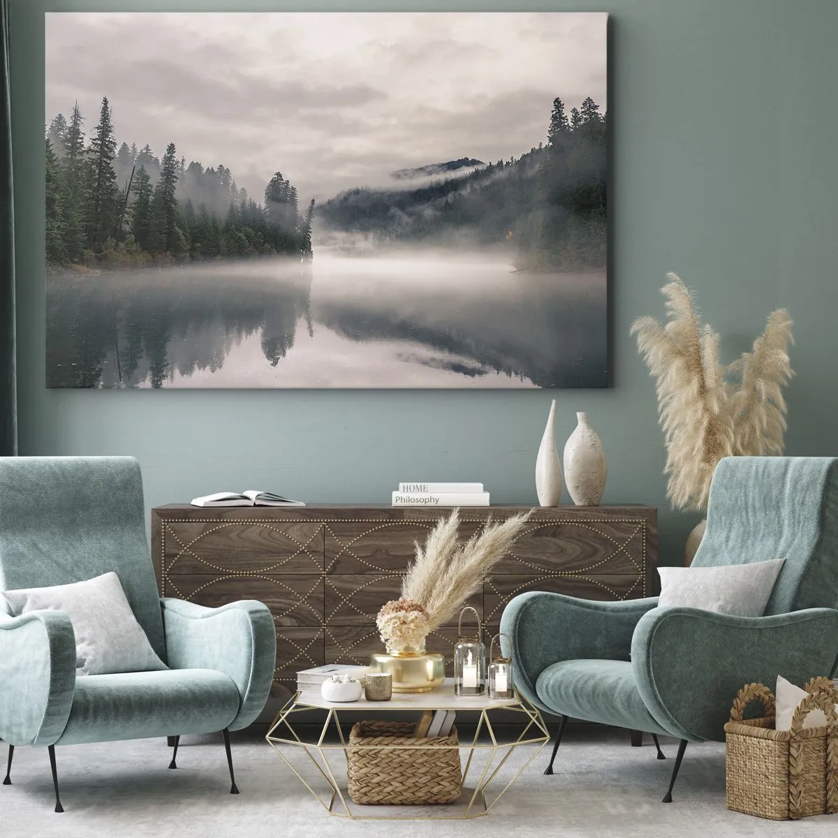Lærredstryk - Billede på lærred - En tåget skov spejlet i en rolig sø - 70x50cm - I drømmen, i tågen - Moderne vægdekoration til stue og soveværelse ARTTOR