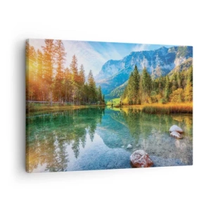 Lærredstryk - Billede på lærred - En malerisk sø omgivet af bjerge og skove - 70x50cm - Efterårets blidhed - Moderne vægdekoration til stue og soveværelse ARTTOR