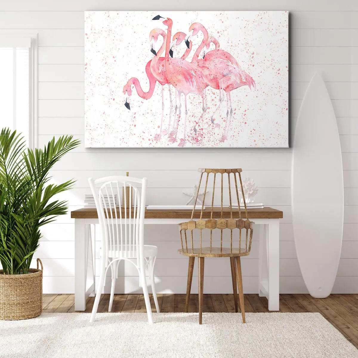 Lærredstryk - Billede på lærred - Lyserøde flamingoer i kunstnerisk akvarelstil - 70x50cm - Lyserød ansambl - Moderne vægdekoration til stue og soveværelse ARTTOR