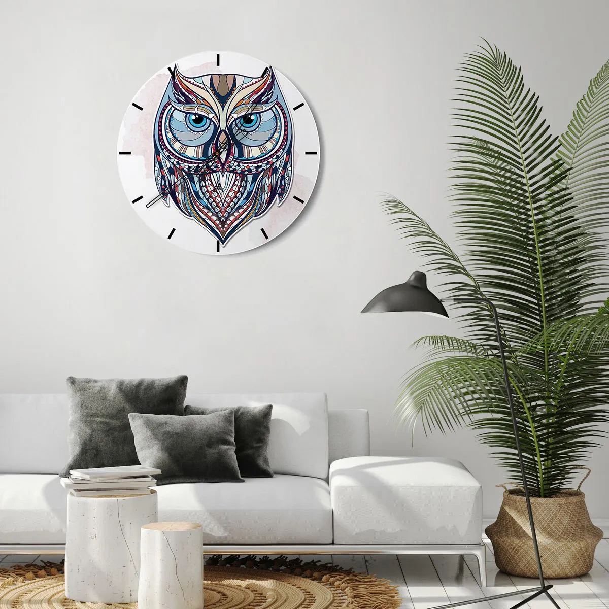 Vægur, Uret - Farverig ugle i geometrisk stil på en hvid baggrund - 30x30cm - Kunstnerisk ornamental ugle - Moderne vægdekoration til stue, køkken og soveværelse ARTTOR