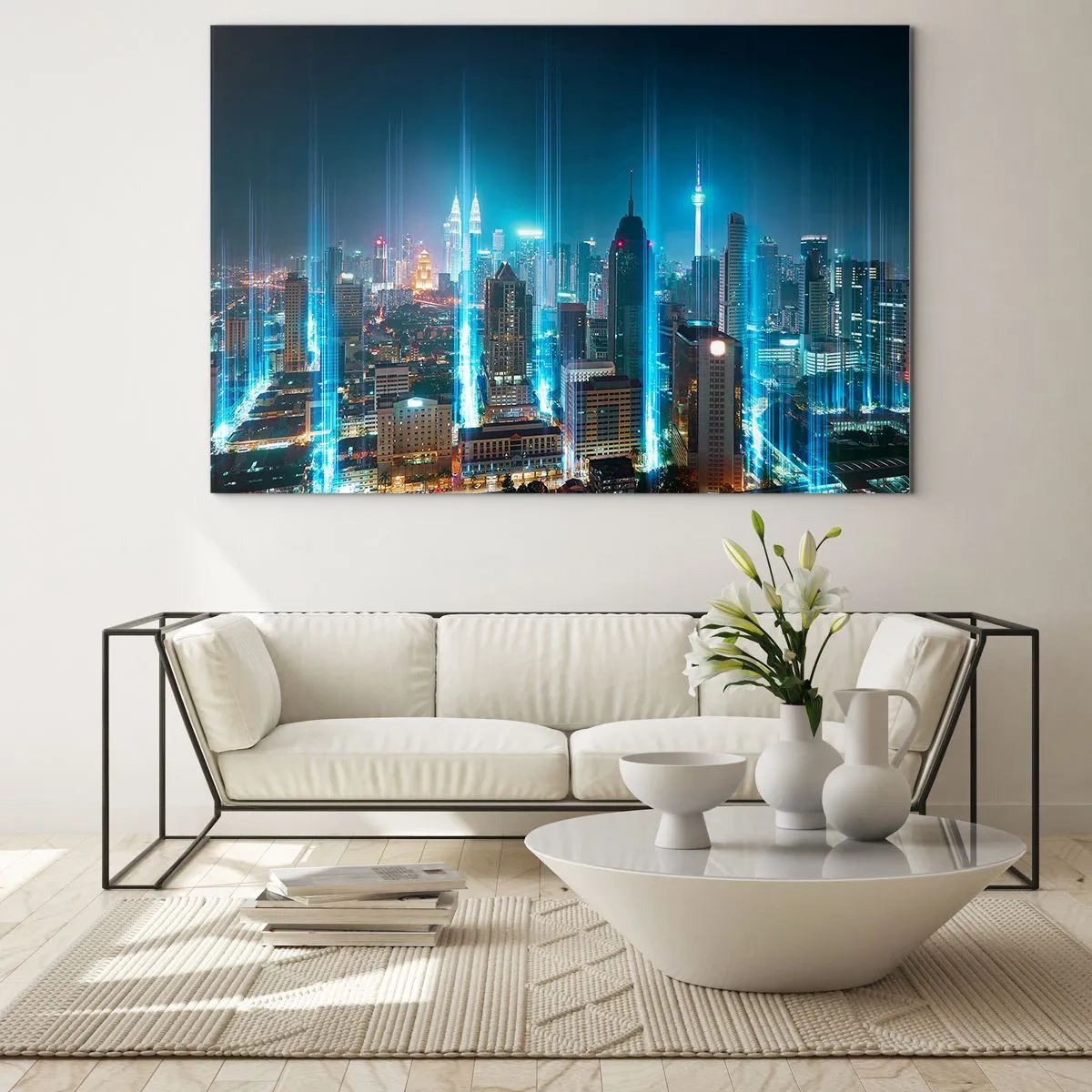 Billede på glas - En natby med høje bygninger og lysstriber - 70x50cm - Berlin til himlen - Moderne vægdekoration til stue og soveværelse ARTTOR