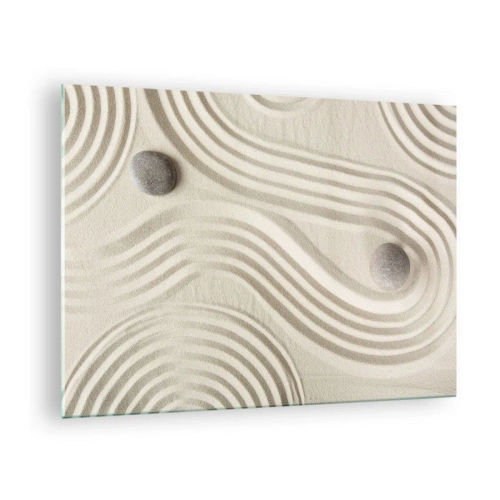 Billede på glas - Minimalistisk sand med sten og geometriske mønstre - 70x50cm - Et strejf af varme - Moderne vægdekoration til stue og soveværelse ARTTOR