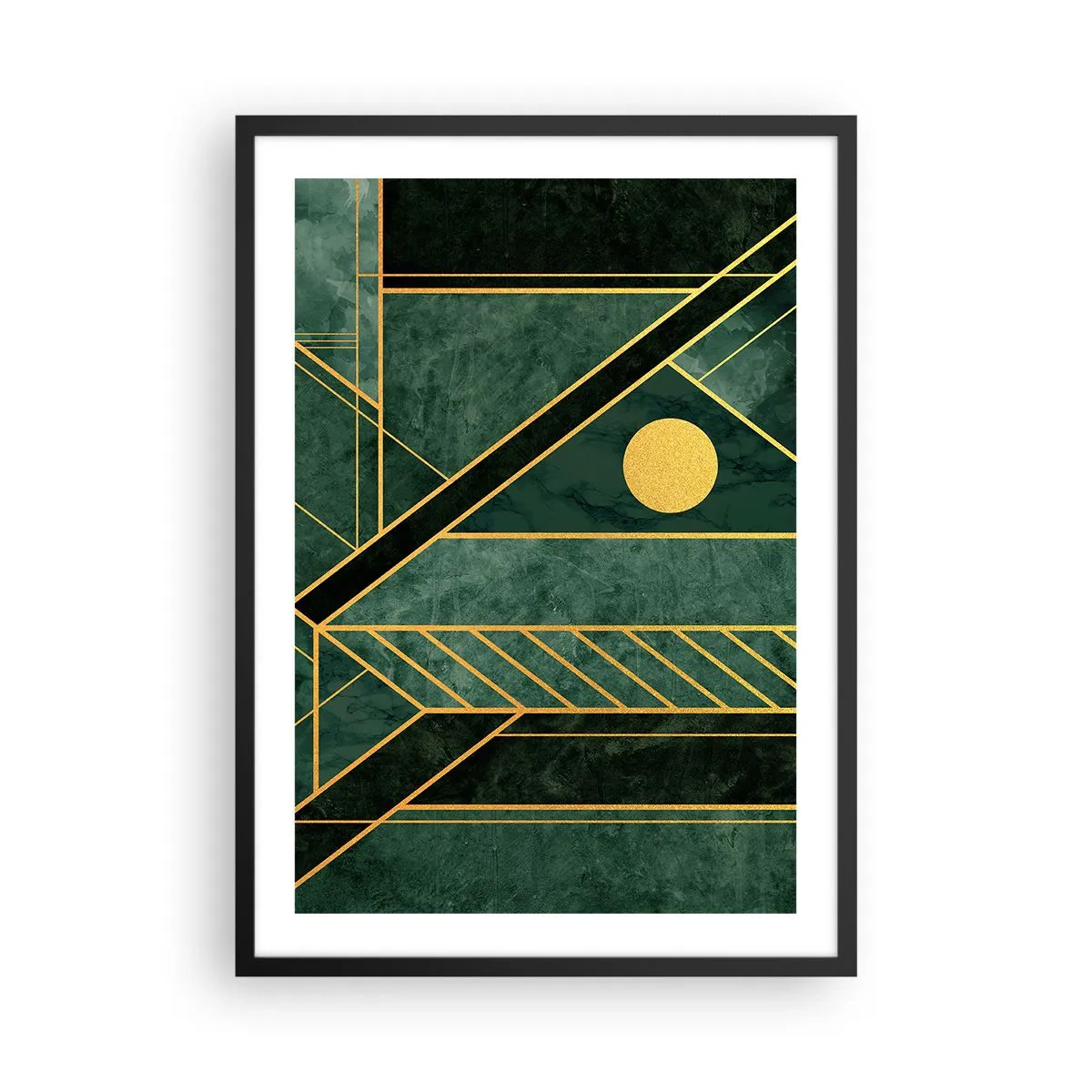 Plakat i sort ramme - Geometrisk abstraktion i grønt med gulddetaljer - 50x70cm - Dynamikken i guld og azurblå - Moderne vægdekoration til stue og soveværelse ARTTOR