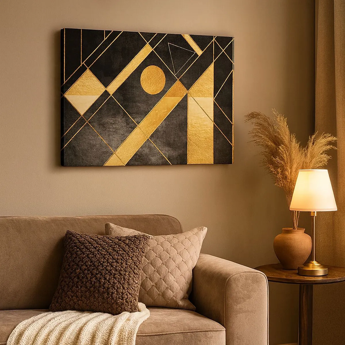 Lærredstryk - Billede på lærred - Geometriske former i guld- og sorte toner - 70x50cm - Ørkenens sol - Moderne vægdekoration til stue og soveværelse ARTTOR
