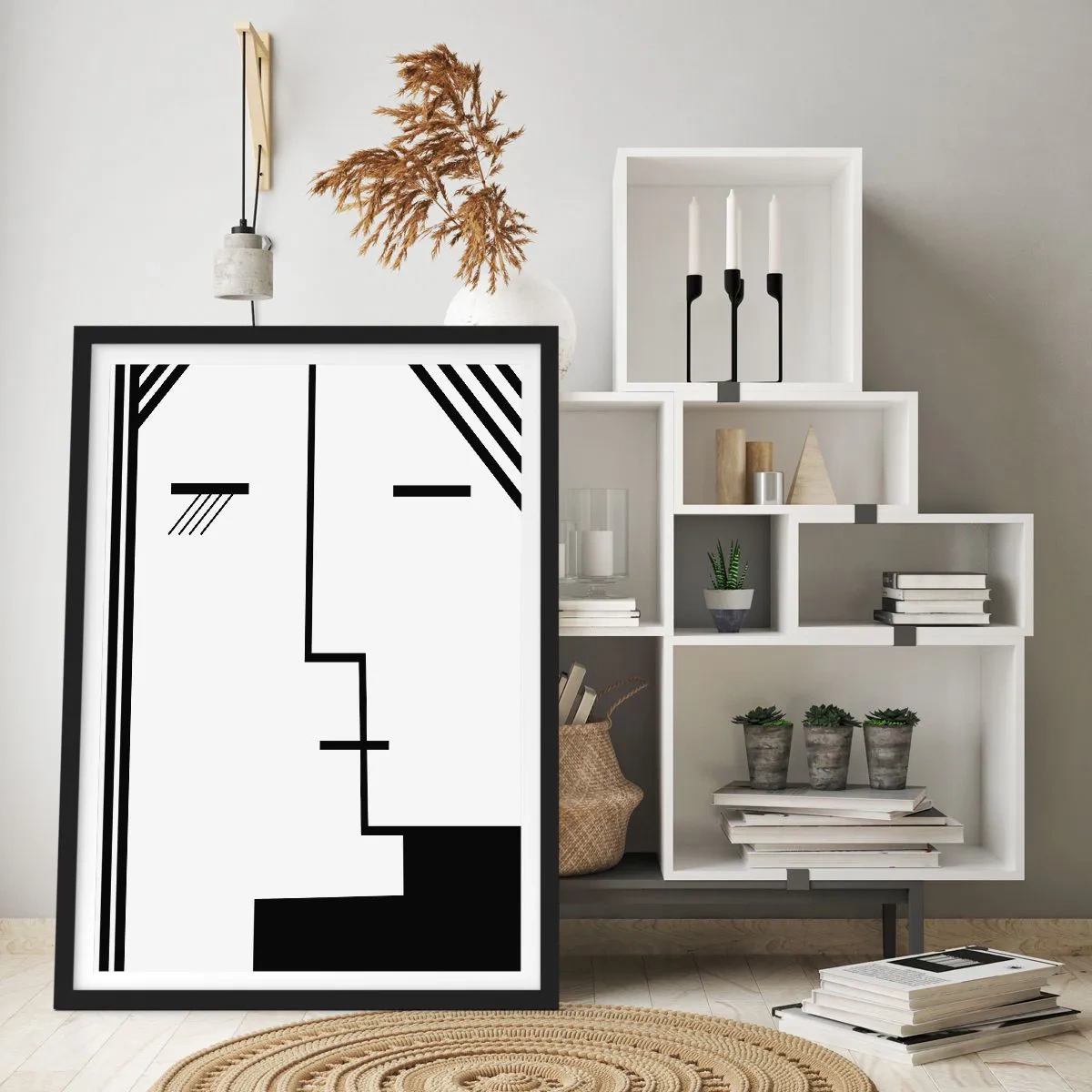 Plakat i sort ramme - Et minimalistisk, abstrakt ansigt i sort-hvid stil. - 50x70cm - Bare et kys - Moderne vægdekoration til stue og soveværelse ARTTOR