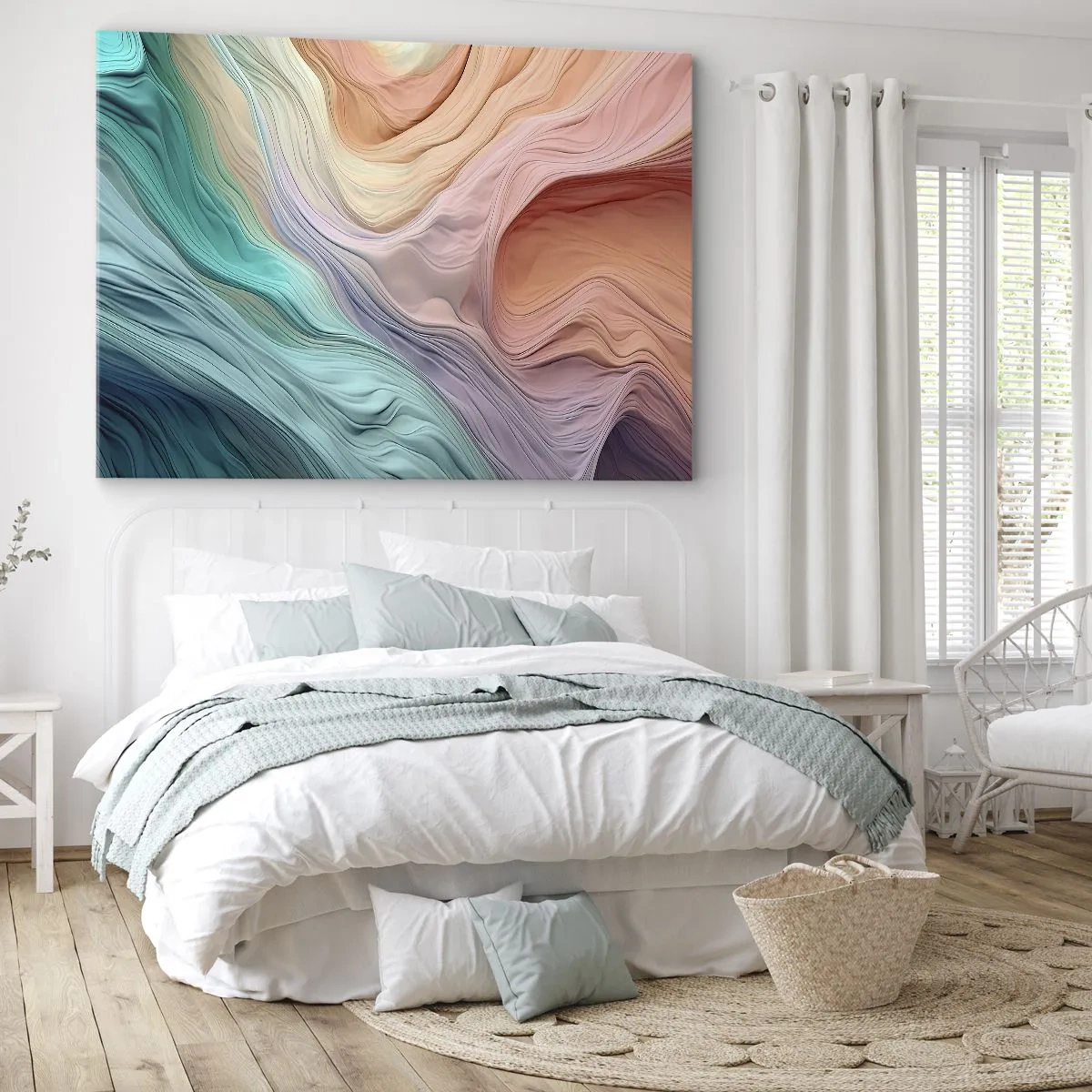 Lærredstryk - Billede på lærred - Abstrakte bølger i pastel- og regnbuefarver - 70x50cm - Regnbuebølge - Moderne vægdekoration til stue og soveværelse ARTTOR