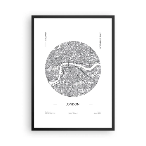 Plakat i sort ramme - Et minimalistisk sort-hvidt kort over London - 50x70cm - Londons anatomi - Moderne vægdekoration til stue og soveværelse ARTTOR
