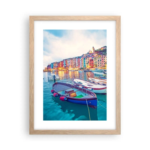 Plakat i ramme af lyst egetræ - En farverig aften i havnen - 30x40 cm