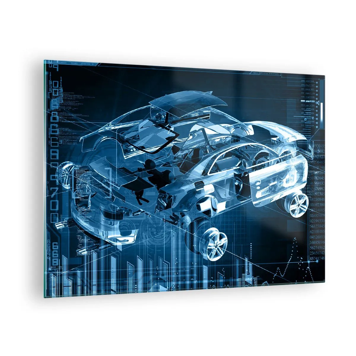 Billede på glas - Teknologisk diagram over en bil i futuristisk stil - 70x50cm - Teknisk anatomi - Moderne vægdekoration til stue og soveværelse ARTTOR