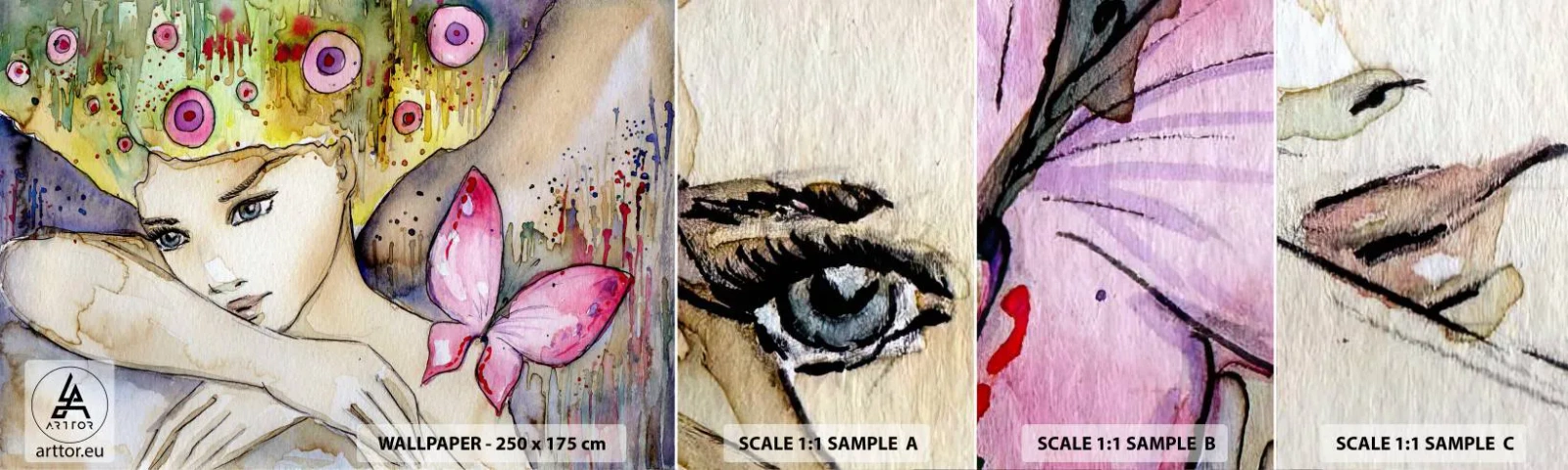 Prøve Fototapet Selvklæbende Deluxe Sticker - Sommerfugleprinsesse - Abstraktion, Kvinde, Akvareller - 100x30 cm