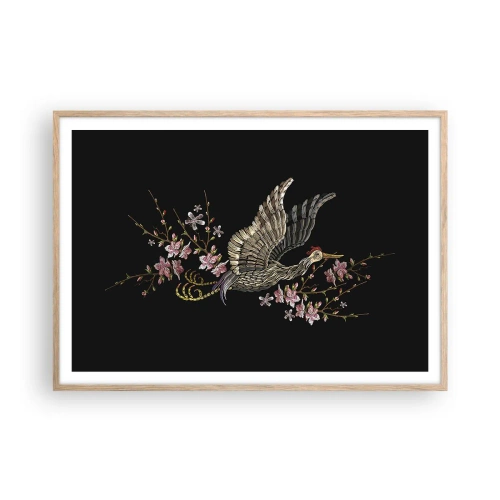Plakat i ramme af lyst egetræ - Eksotisk broderet fugl - 100x70 cm