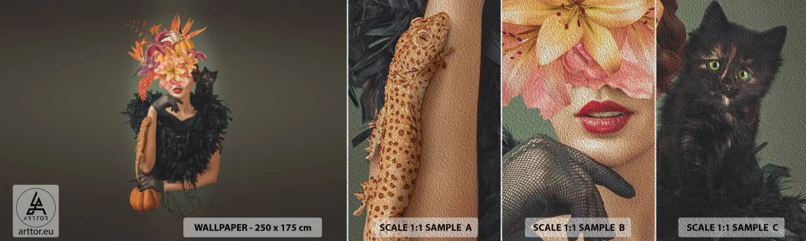 Prøve Fototapet Premium Sand - Heksens fortryllelse - Abstraktion, Kvinde, Blomster - 100x30 cm