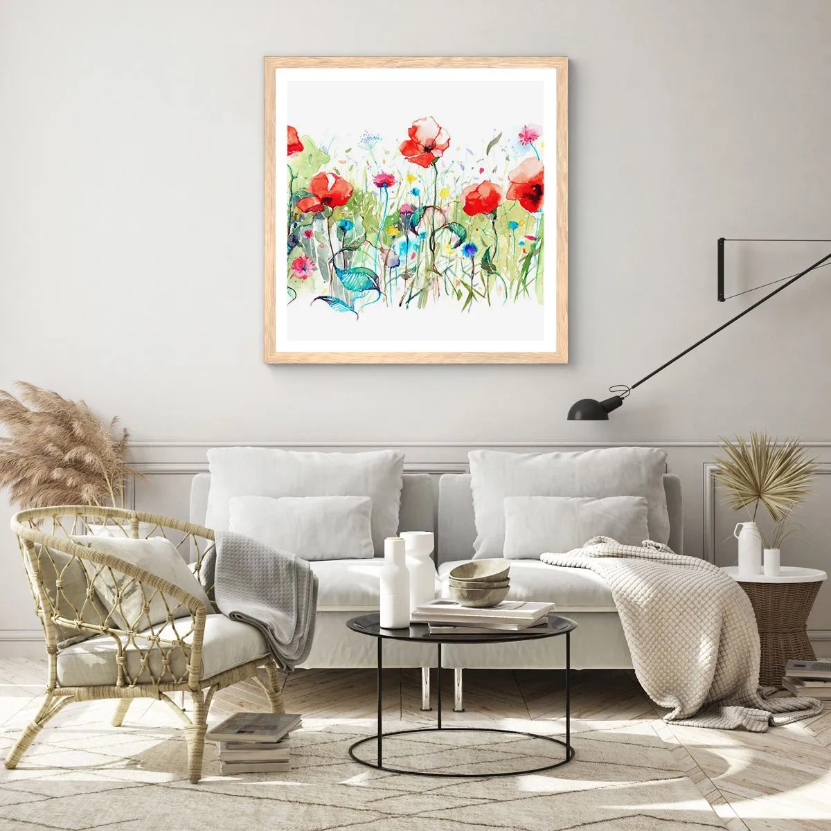Plakat i ramme af lyst egetræ - En blomstrende eng i maj - 60x60 cm