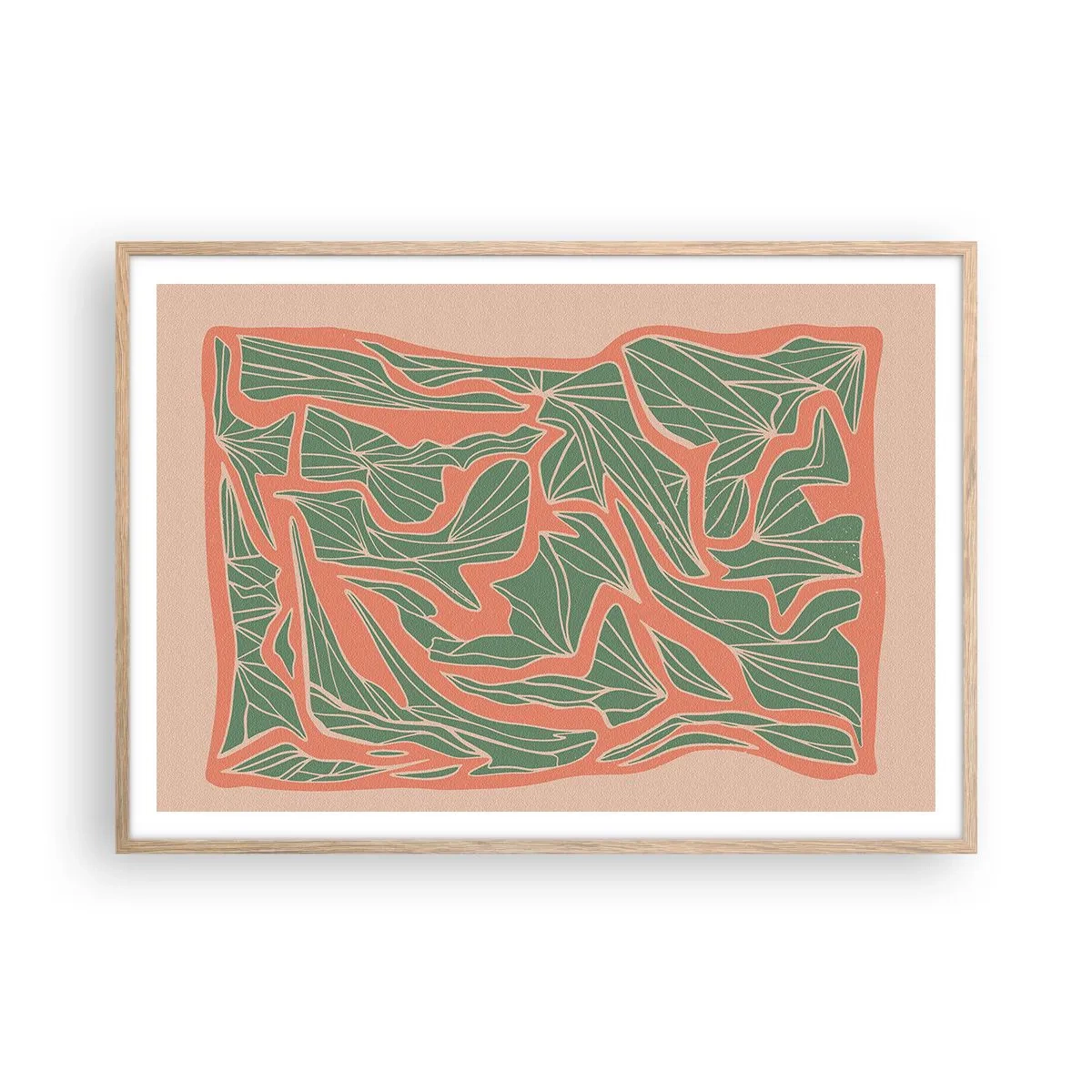 Plakat i ramme af lyst egetræ - En kamp mellem koral og grøn - 100x70 cm