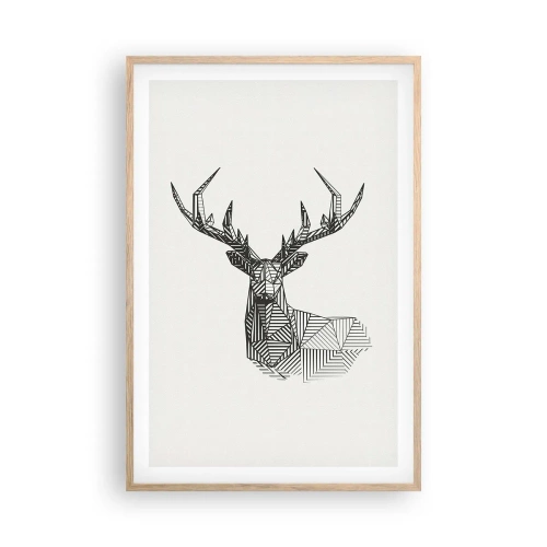 Plakat i ramme af lyst egetræ - Hjorte i kubistisk stil - 61x91 cm