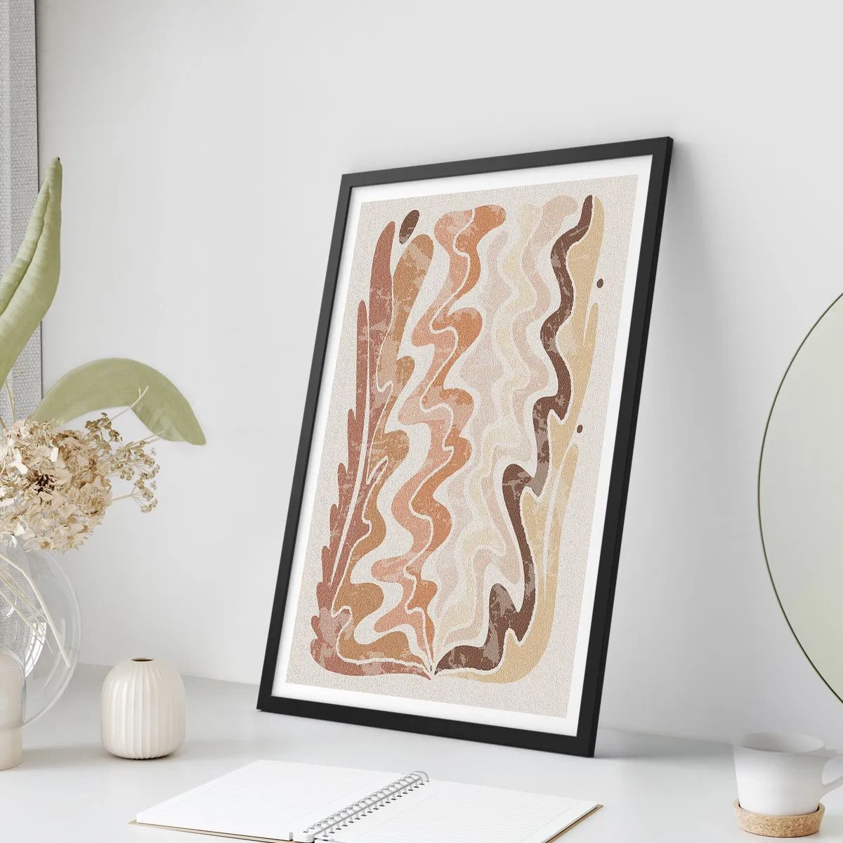 Plakat i sort ramme - En abstrakt komposition i varme beige nuancer. - 50x70cm - God energi - gode følelser - Moderne vægdekoration til stue og soveværelse ARTTOR