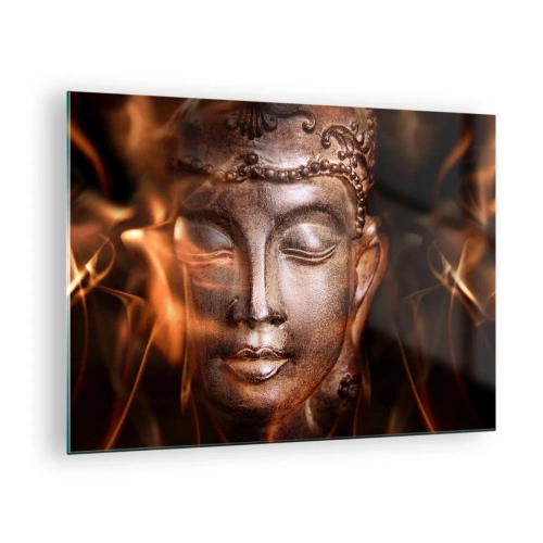 Billede på glas - Buddhas disede ansigt i varme nuancer af guld og brunt - 70x50cm - Den eksisterer kun her og nu - Moderne vægdekoration til stue og soveværelse ARTTOR