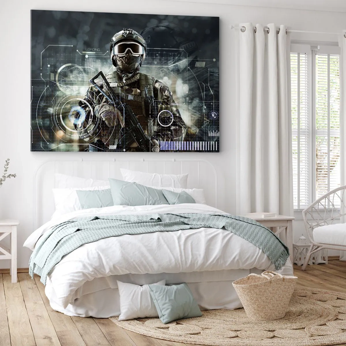 Lærredstryk - Billede på lærred - En soldat i en futuristisk hjelm med en pistol i baggrunden af teknologi. - 70x50cm - Magt til potens - Moderne vægdekoration til stue og soveværelse ARTTOR