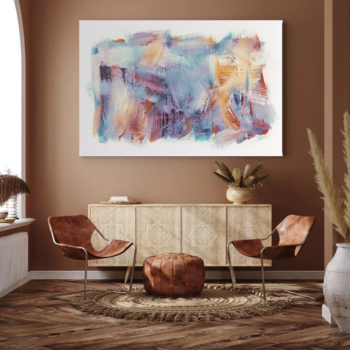 Lærredstryk - Billede på lærred - Farverige penselstrøg i en abstrakt komposition - 70x50cm - Farverigt rod - Moderne vægdekoration til stue og soveværelse ARTTOR
