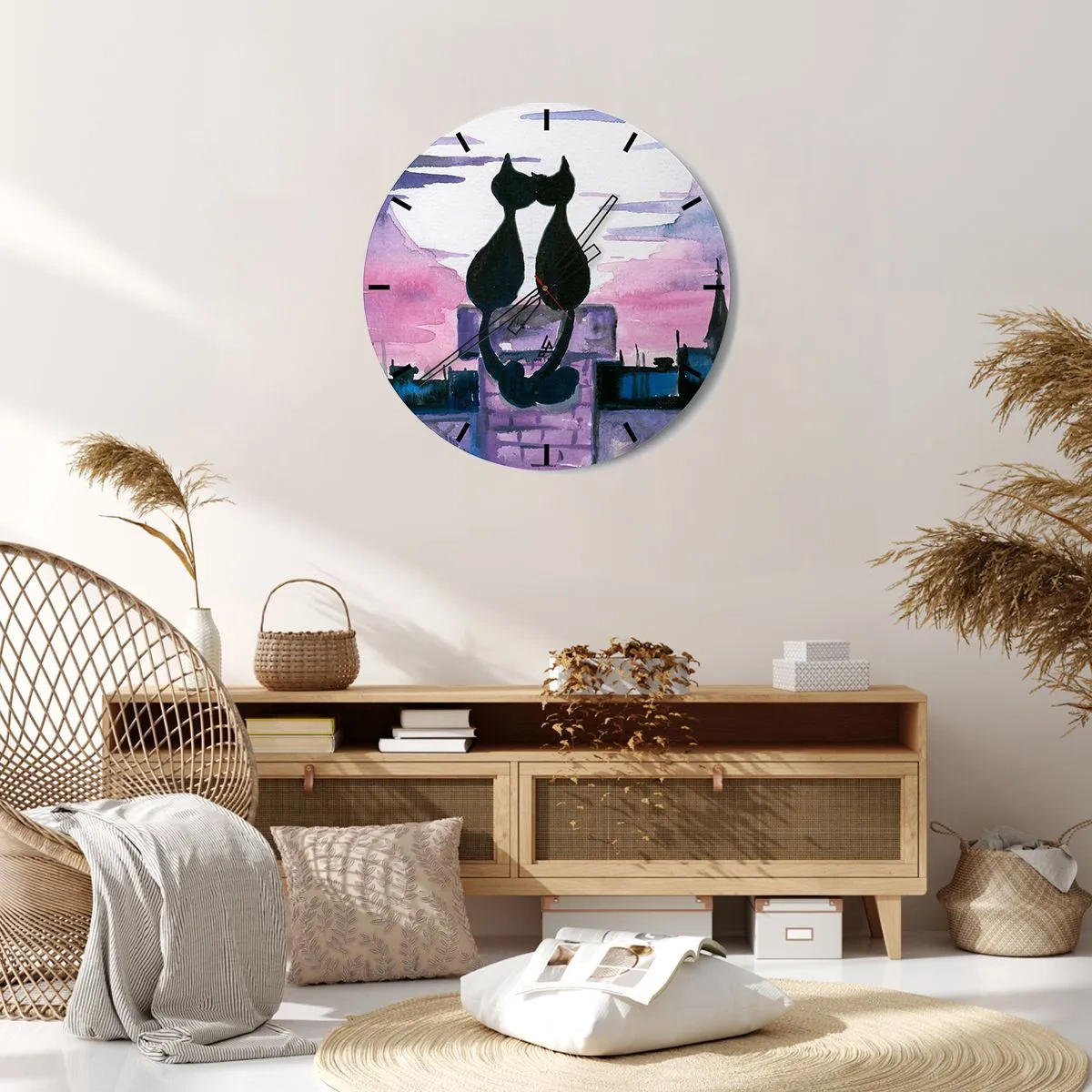 Vægur, Uret - Silhuetter af to katte mod den lyserøde himmel - 30x30cm - Rendez-vous under månen - Moderne vægdekoration til stue, køkken og soveværelse ARTTOR