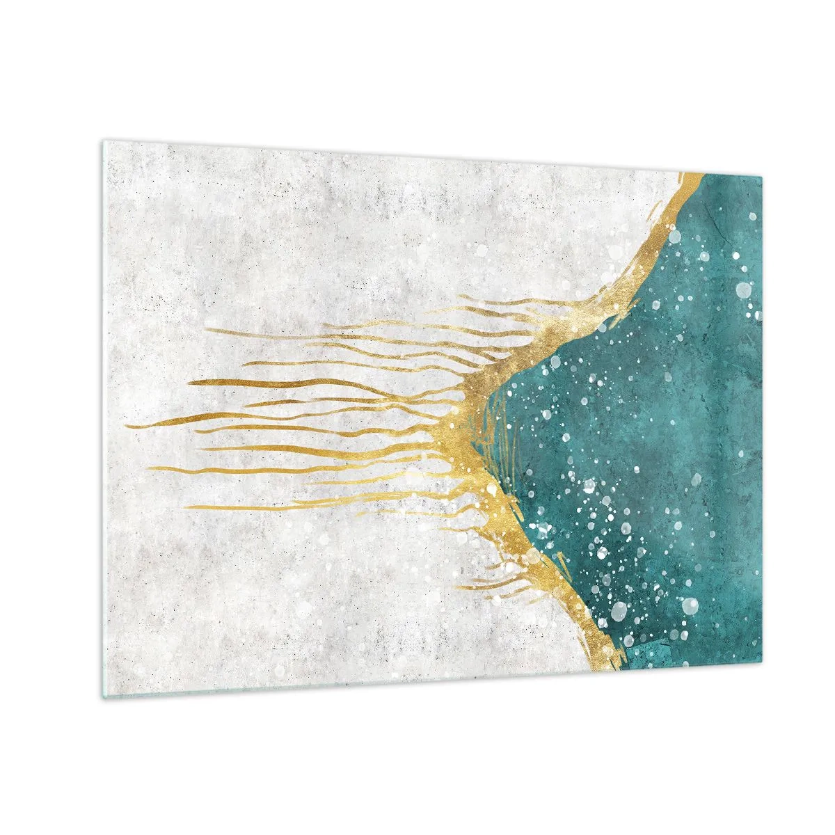 Billede på glas - Abstrakt guldmønster på en turkis og hvid baggrund - 70x50cm - Gyldent tidevand - Moderne vægdekoration til stue og soveværelse ARTTOR