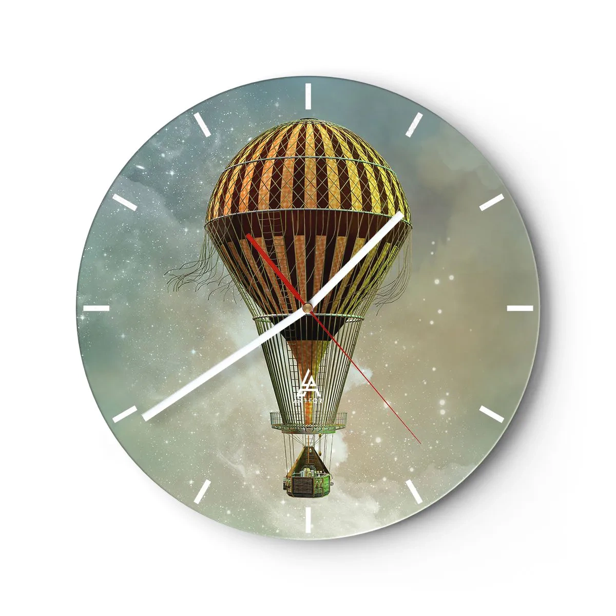 Vægur, Uret - En stiliseret ballon, der svæver over en stjerneklar himmel med et retro-look. - 30x30cm - Banebrydende flyvninger - Moderne vægdekoration til stue, køkken og soveværelse ARTTOR
